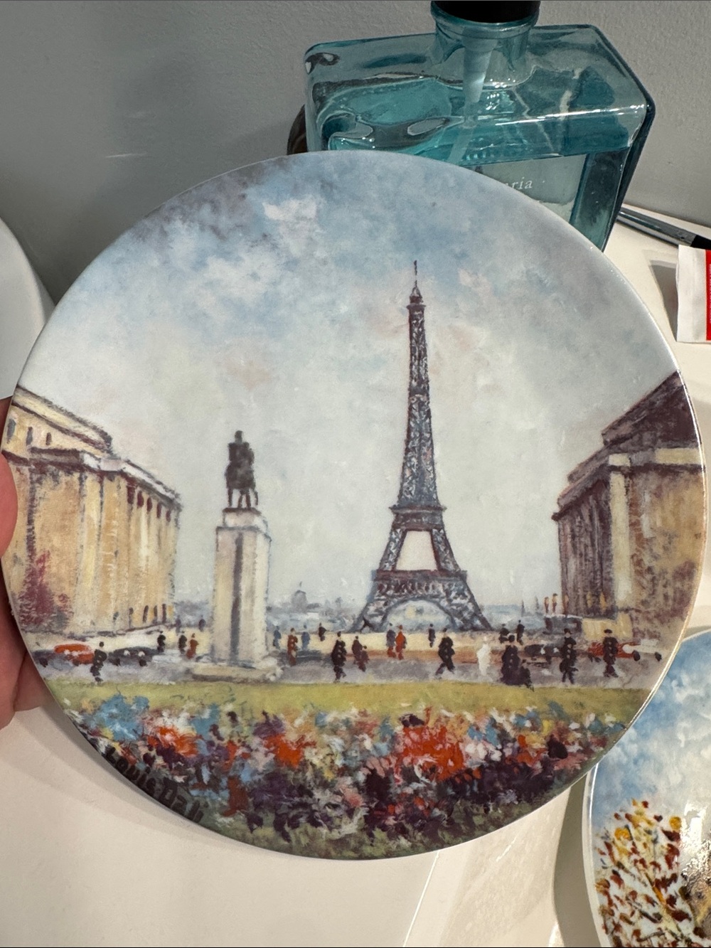 Limoges Eiffel Tower Wall Plate - Sky Blue and Autumn Accents